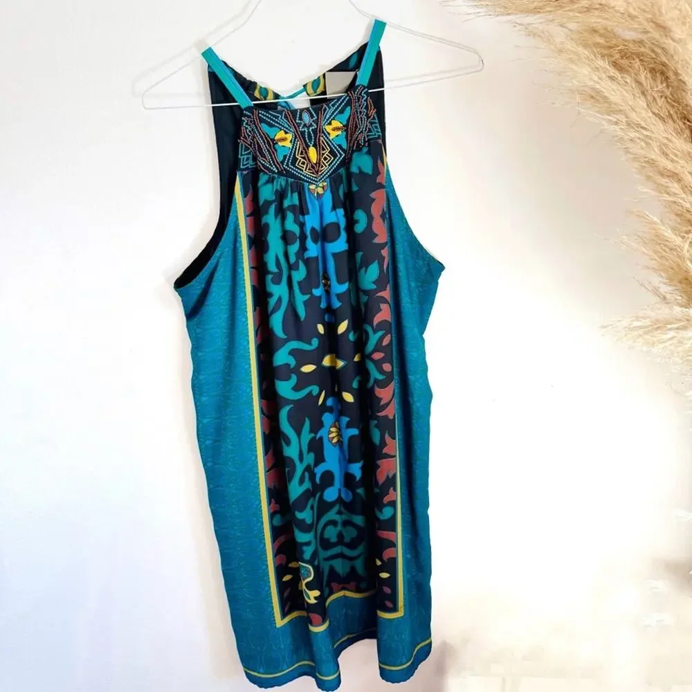 NEW ANTHROPOLOGIE Teal Black Floral Beaded Halter Mini $198 Tank Top Dress XL - Picture 3 of 13